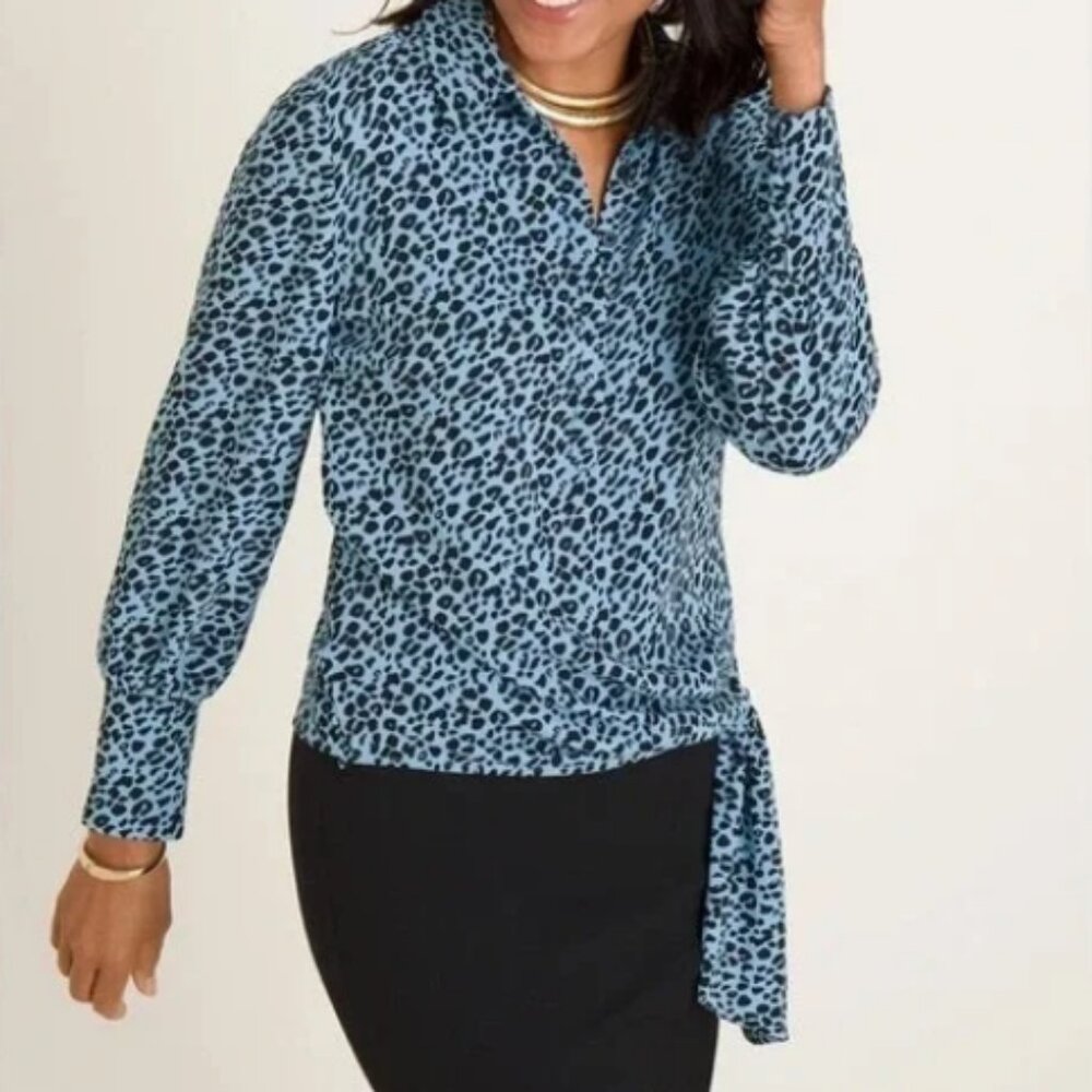 Chicos blue black animal print tie waist blouse size 2